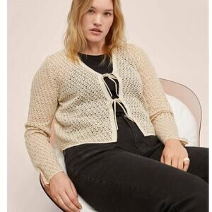 MANGO MNG Lurex Knitted Cardigan Sweater Women Plus 3XL Cream Gold Tie front